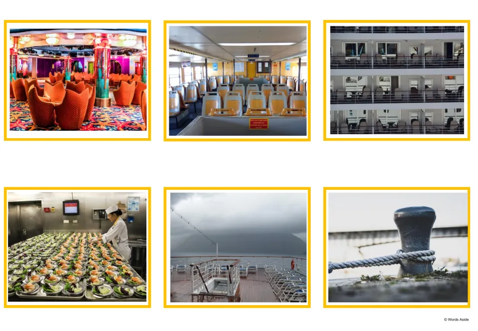 Onboard photo cards: a lounge, rows of passenger seats, cabin balconies, a galley kitchen, an open deck and a bollard