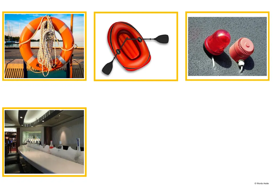 Safety photo cards: a life ring with rope, an inflatable life boat with oars, red emergency alarm lights and a bar