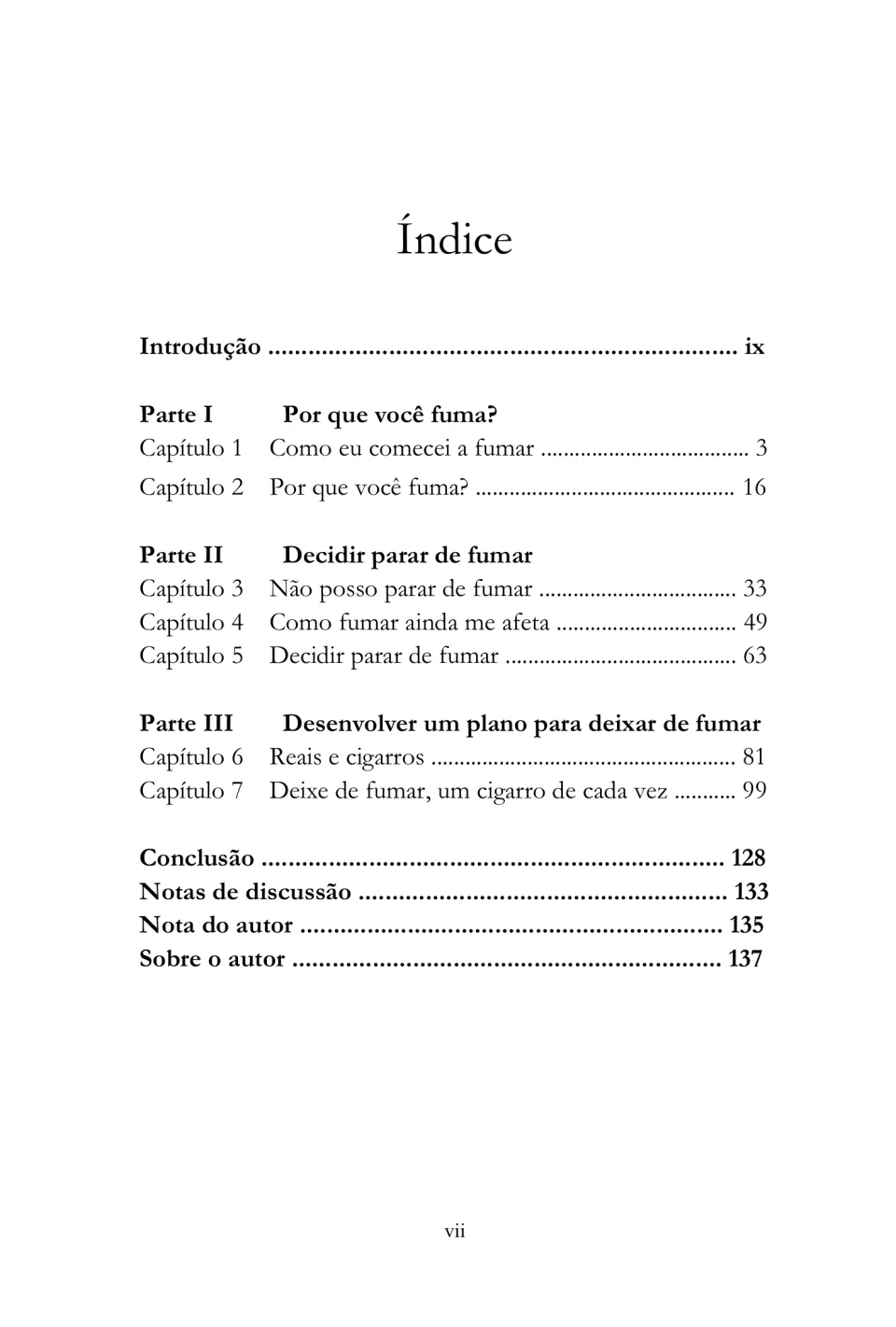 Portuguese eBook contents lists seven chapters on reasons for smoking, deciding to quit, and making a plan
