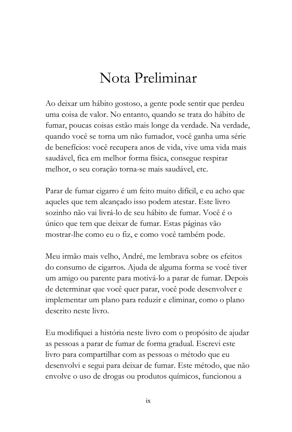 Portuguese eBook preliminary note introduces the author's quitting experience and gradual reduction method