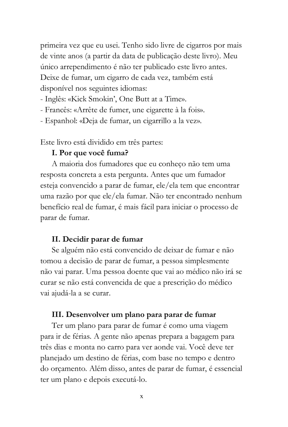 Portuguese eBook introduction outlines three parts: why people smoke, deciding to quit, and planning to stop