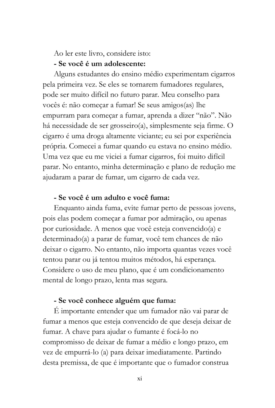 Portuguese eBook introduction addresses teenagers, adults who smoke, and people who know someone who smokes