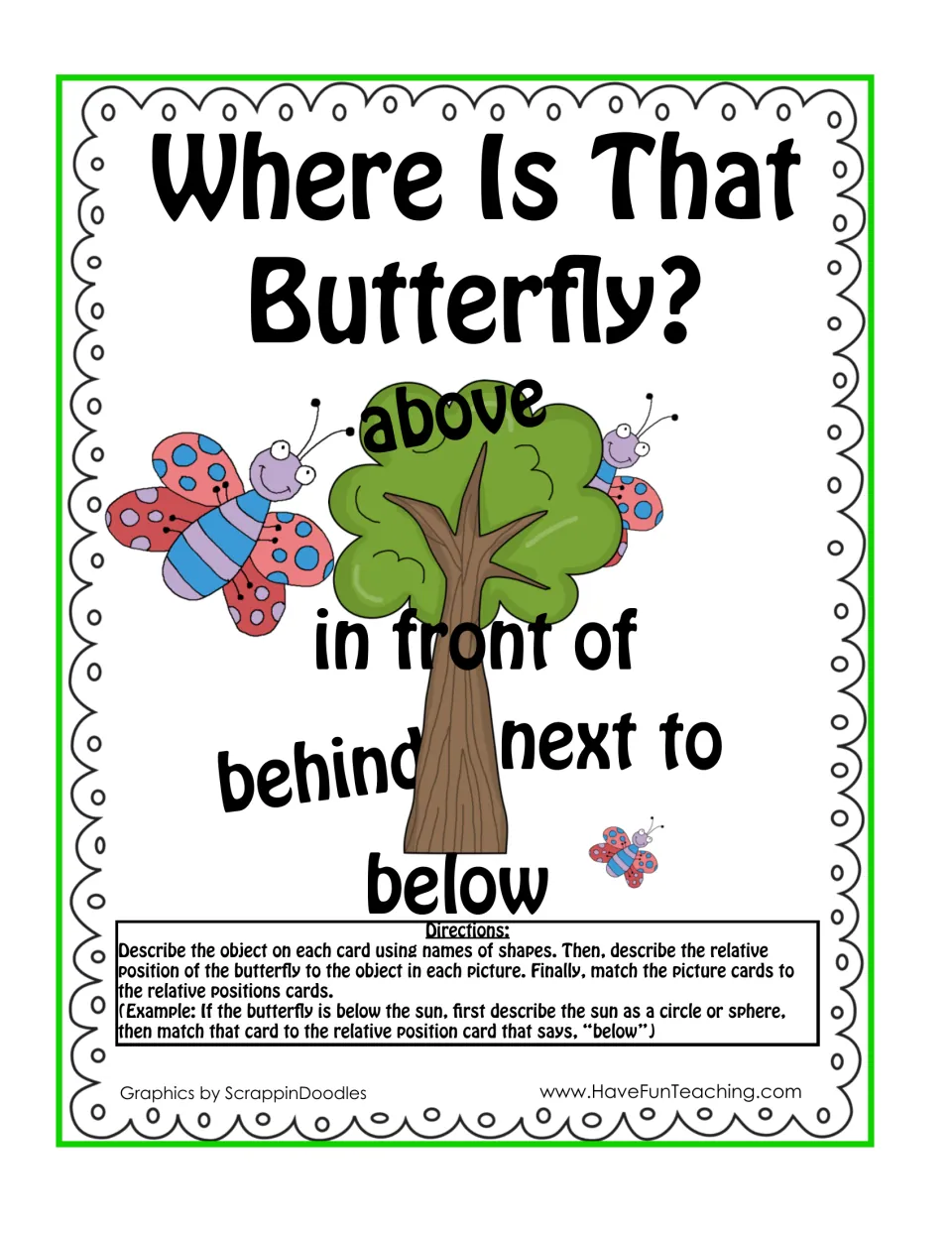 Where Is That Butterfly? cover: position words around a tree and directions to name shapes, then match picture cards