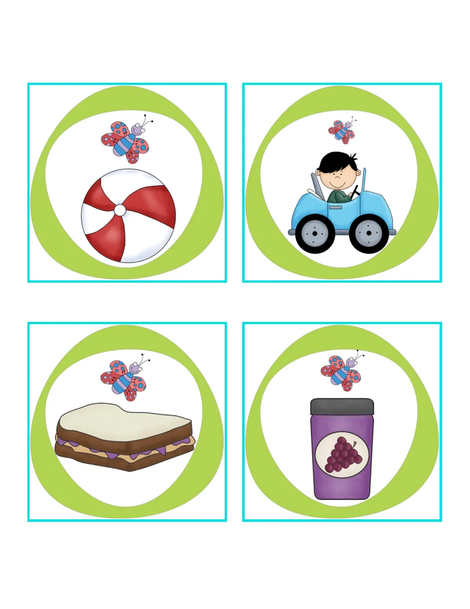 Relative position picture cards: the butterfly flies above a beach ball, a boy in a car, a sandwich and a grape jelly jar