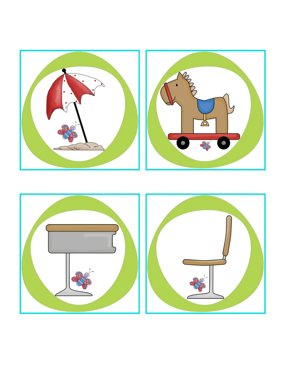 Relative position picture cards: the butterfly sits below an umbrella, a toy horse on wheels, a school desk and a chair