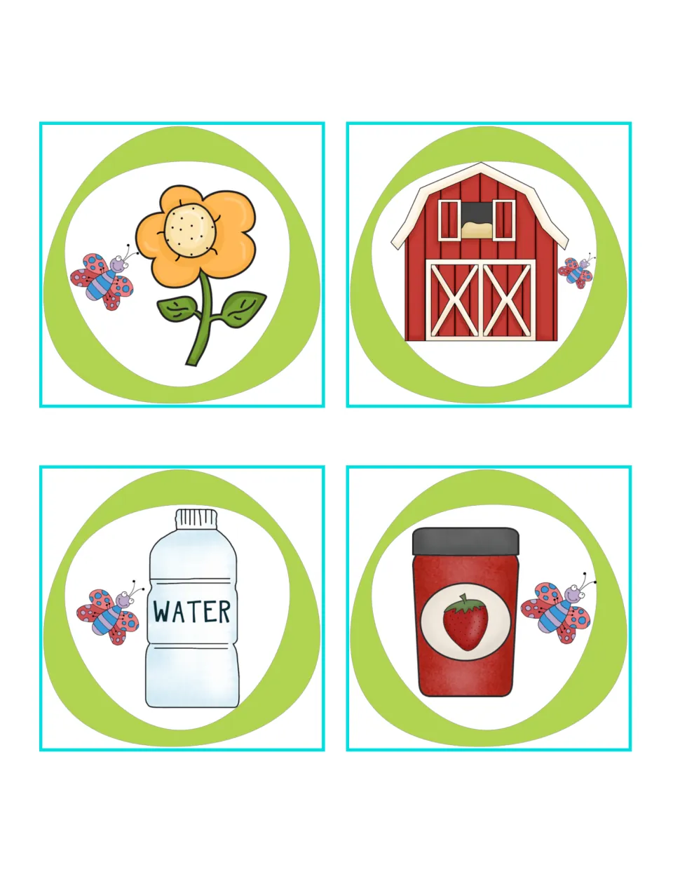 Relative position picture cards: the butterfly is beside a flower, a red barn, a water bottle and a strawberry jam jar