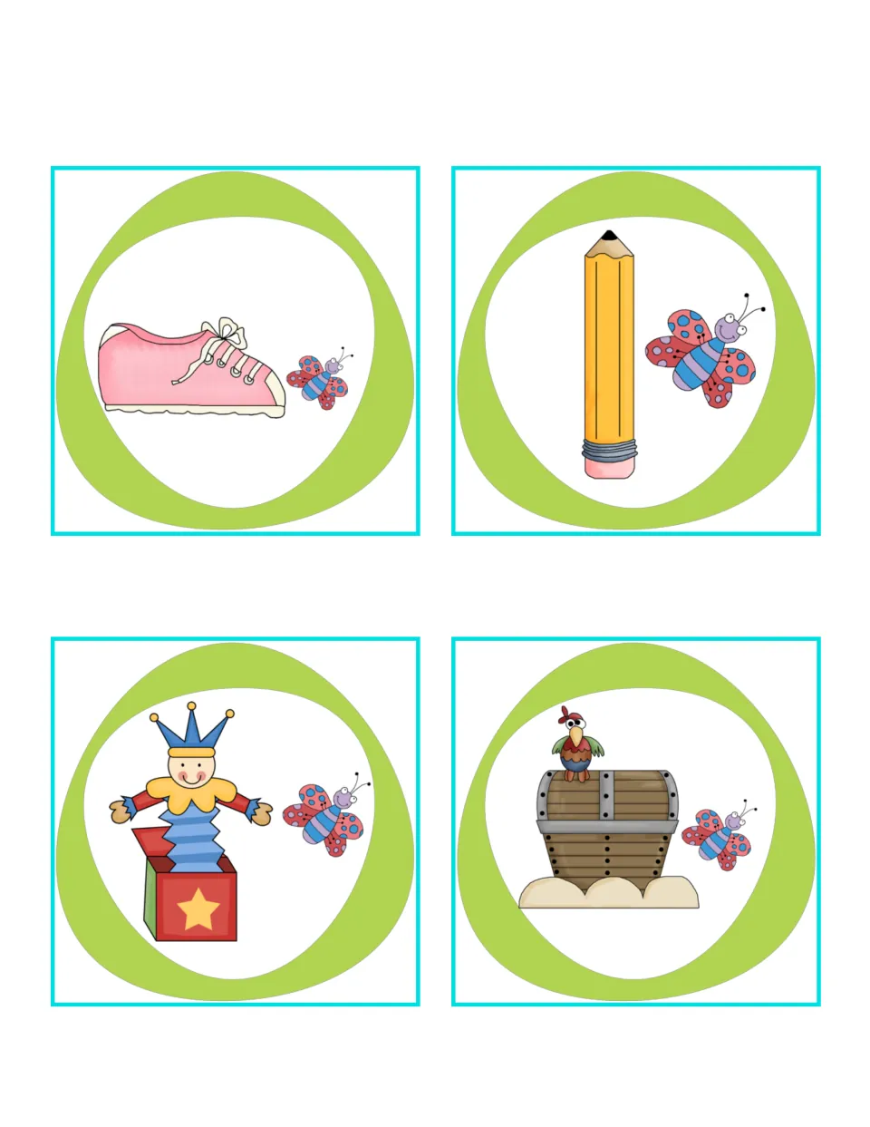 Relative position picture cards: the butterfly is next to a shoe, a pencil, a jack-in-the-box and a treasure chest