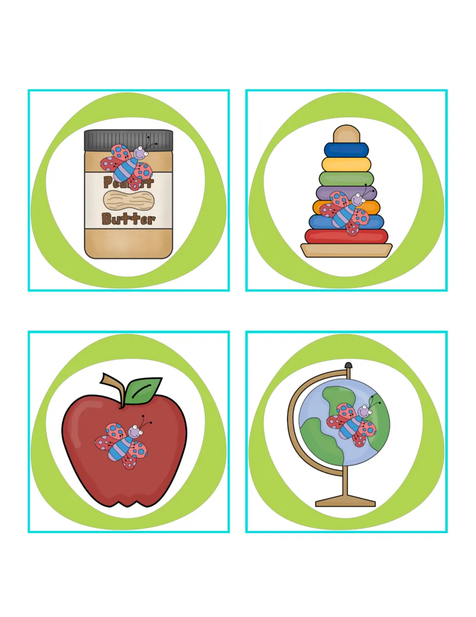 Relative position picture cards: the butterfly is in front of a peanut butter jar, a ring stacker, an apple and a globe