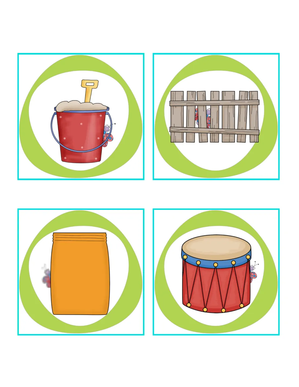 Relative position picture cards: the butterfly peeks out from behind a sand pail, a fence, an orange bag and a drum