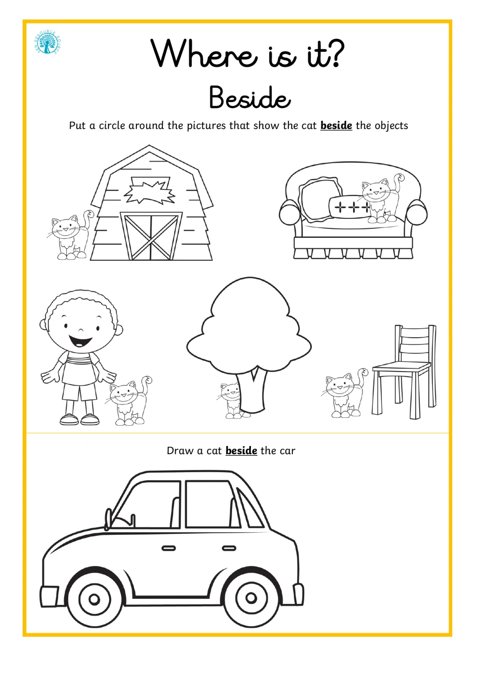 Beside: students circle the pictures showing a cat beside an object, then draw a cat beside a car