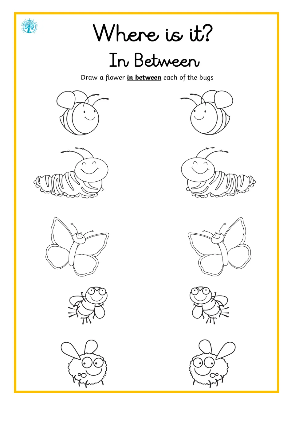 In between: students draw a flower in between each matching pair of bugs, including bees, caterpillars and butterflies