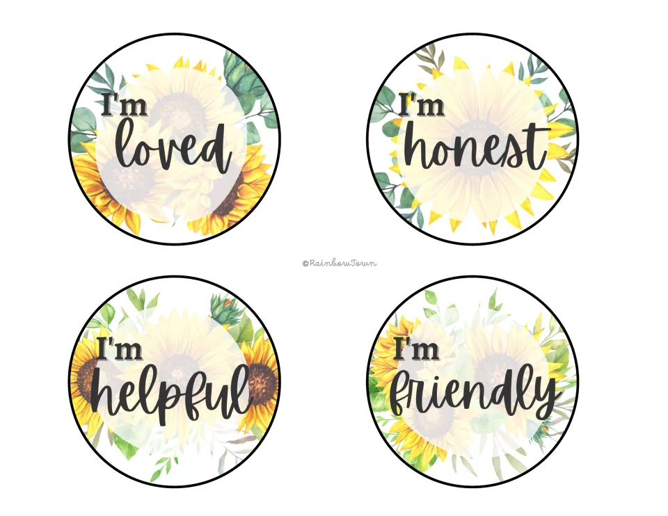 Four round sunflower affirmation cards to cut out, reading I'm loved, I'm honest, I'm helpful and I'm friendly