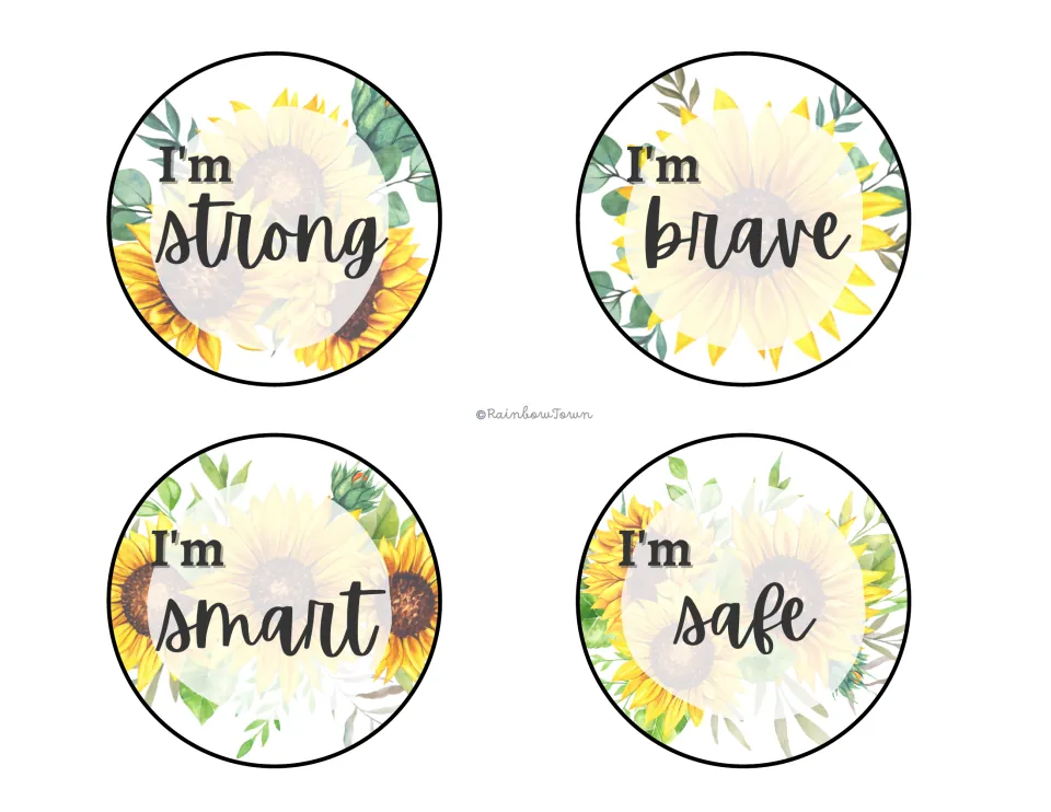 Four circular affirmation cards framed by sunflowers and leaves: I'm strong, I'm brave, I'm smart and I'm safe