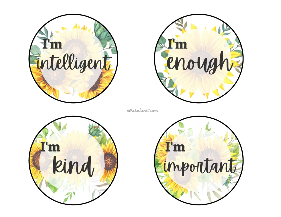 Sunflower circle affirmations reading I'm intelligent, I'm enough, I'm kind and I'm important, four cards per sheet