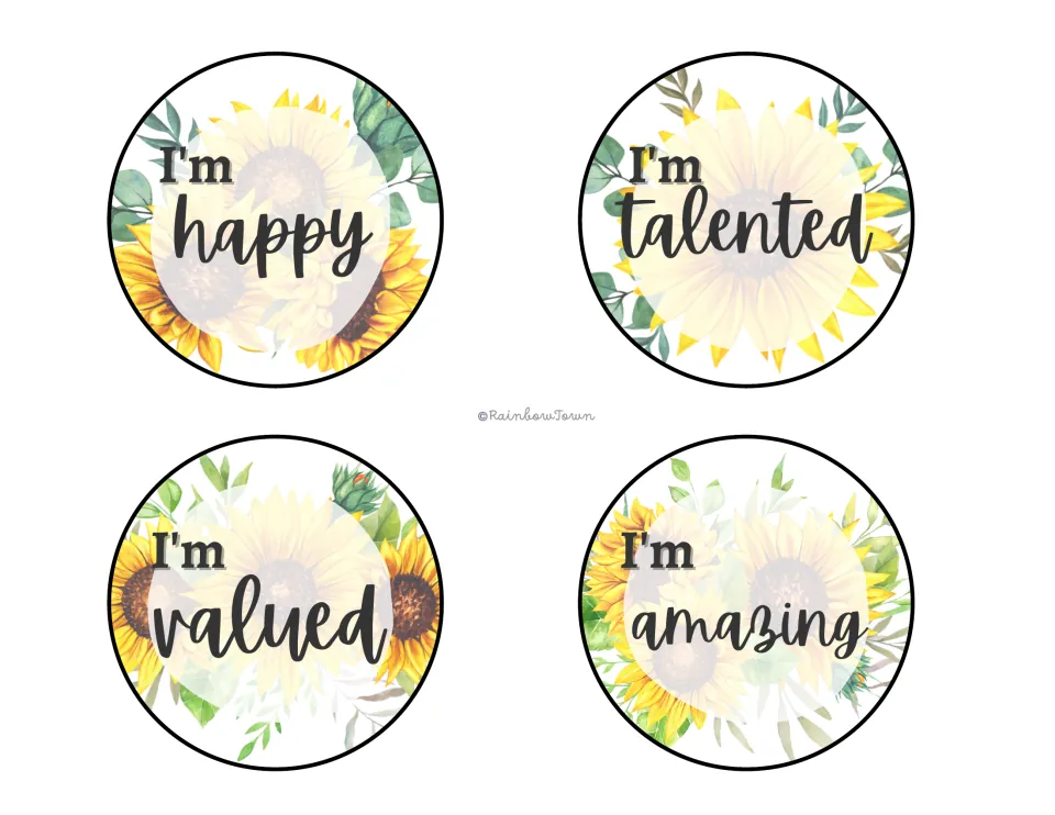 Round affirmation cut-outs with sunflowers and greenery saying I'm happy, I'm talented, I'm valued and I'm amazing