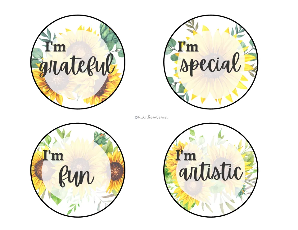 Final set of four sunflower 'I'm' statements: I'm grateful, I'm special, I'm fun and I'm artistic, each in its own circle