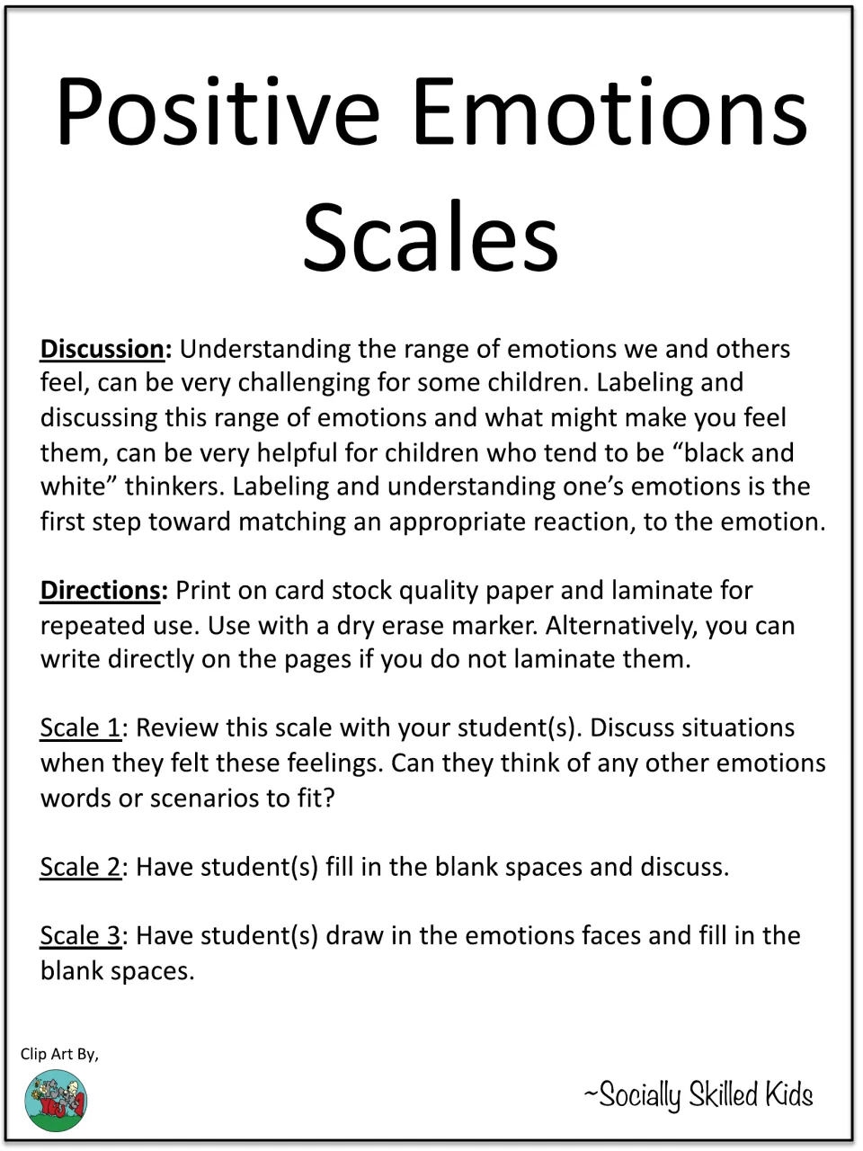 Positive emotion scale directions for reviewing examples, filling in emotion words, and drawing faces