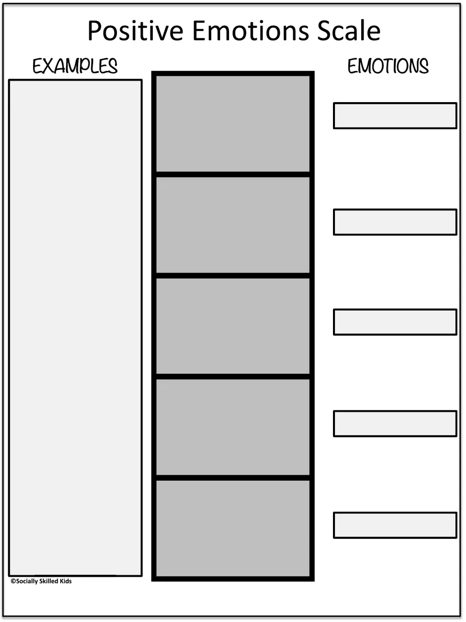 Repeated blank positive emotion scale provides space for five drawn faces, emotion names, and examples