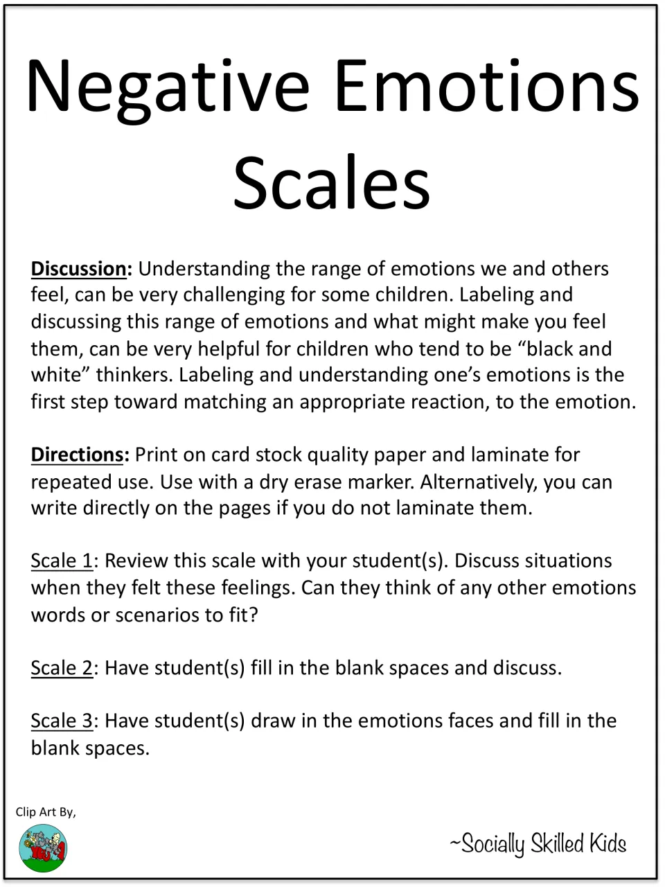 Negative emotion scale directions for discussing feelings, completing blank spaces, and drawing faces