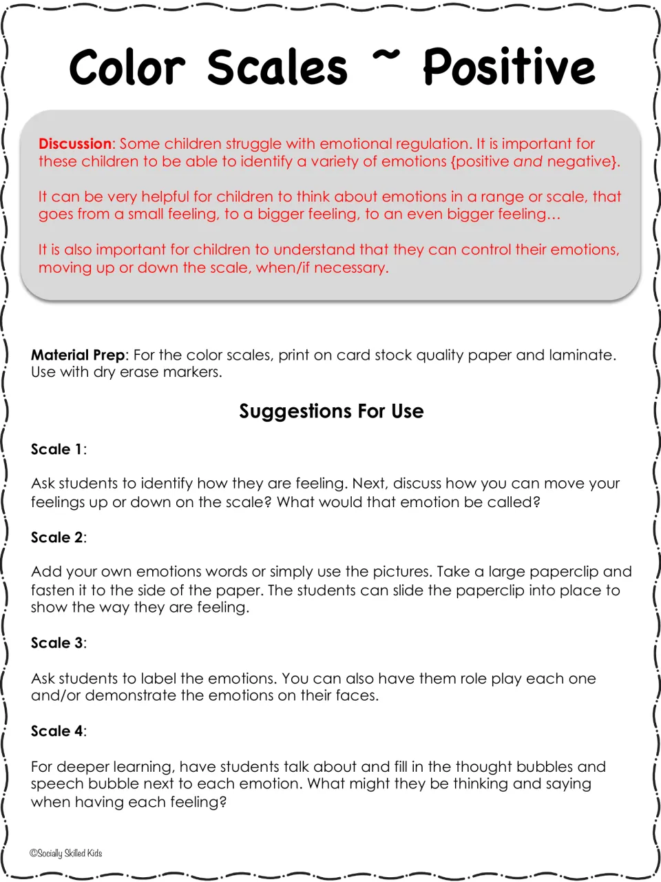 Color scales teacher notes: why to scale feelings from small to big, card stock prep, and use ideas for scales 1 to 4