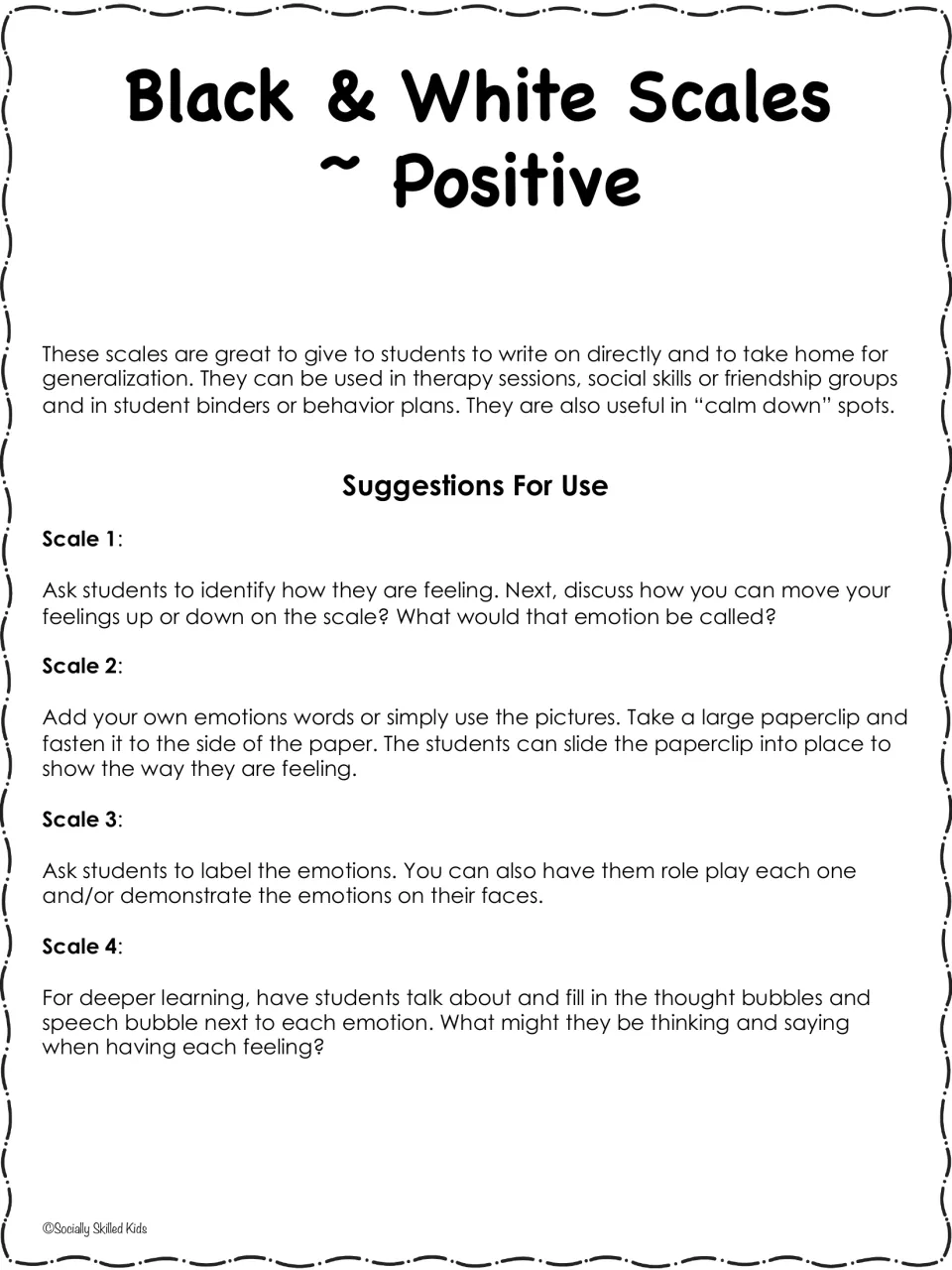 Black and white scales notes: write-on copies for home, therapy, friendship groups and calm-down spots, plus use ideas
