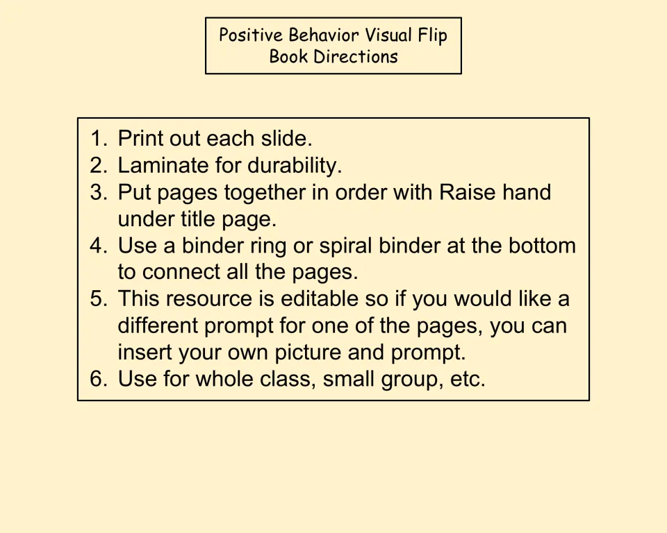 Flip book directions: print, laminate, order pages, bind at the bottom, and customize pictures and prompts