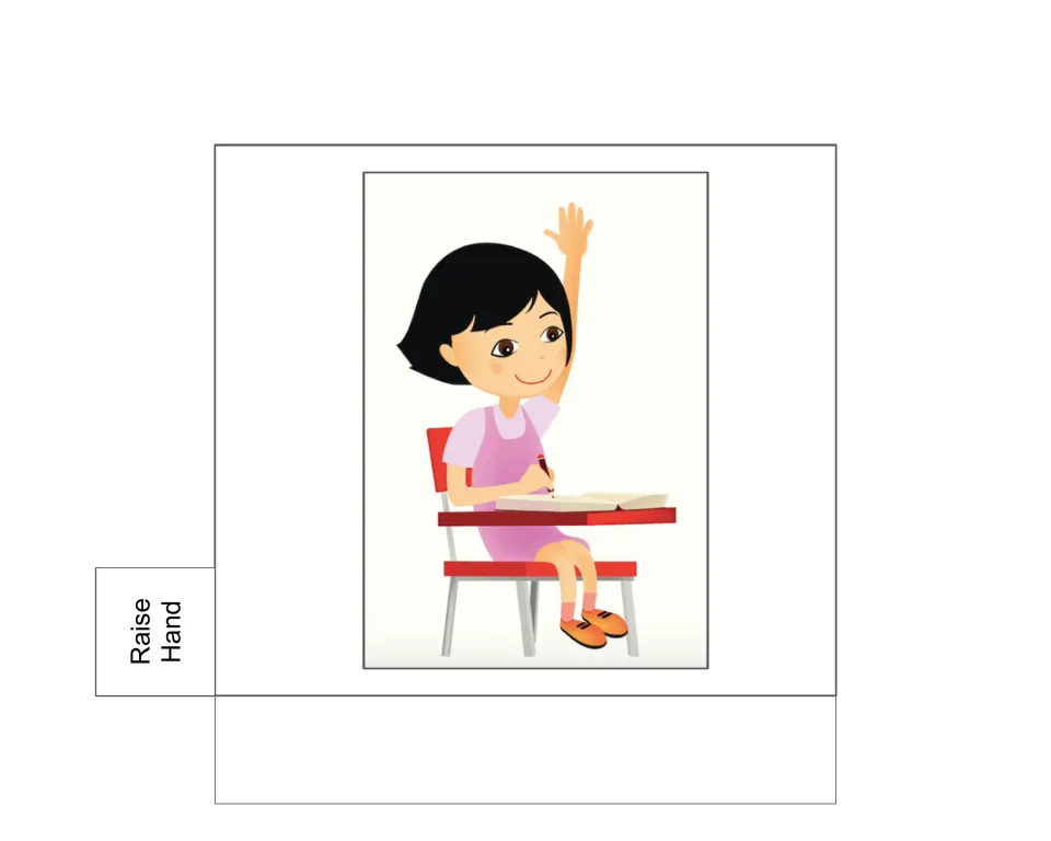 Raise Hand visual prompt in the behavior flip book, showing a seated student raising one hand at a desk