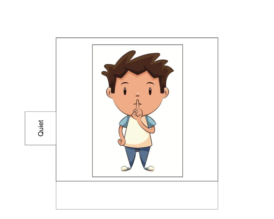 Quiet visual prompt in the behavior flip book, showing a child holding one finger in front of his lips
