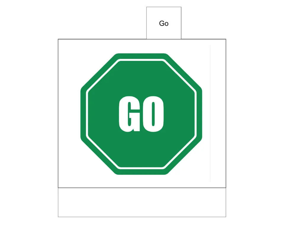 Go visual prompt in the behavior flip book, showing a green octagonal sign with the word 'GO' in white