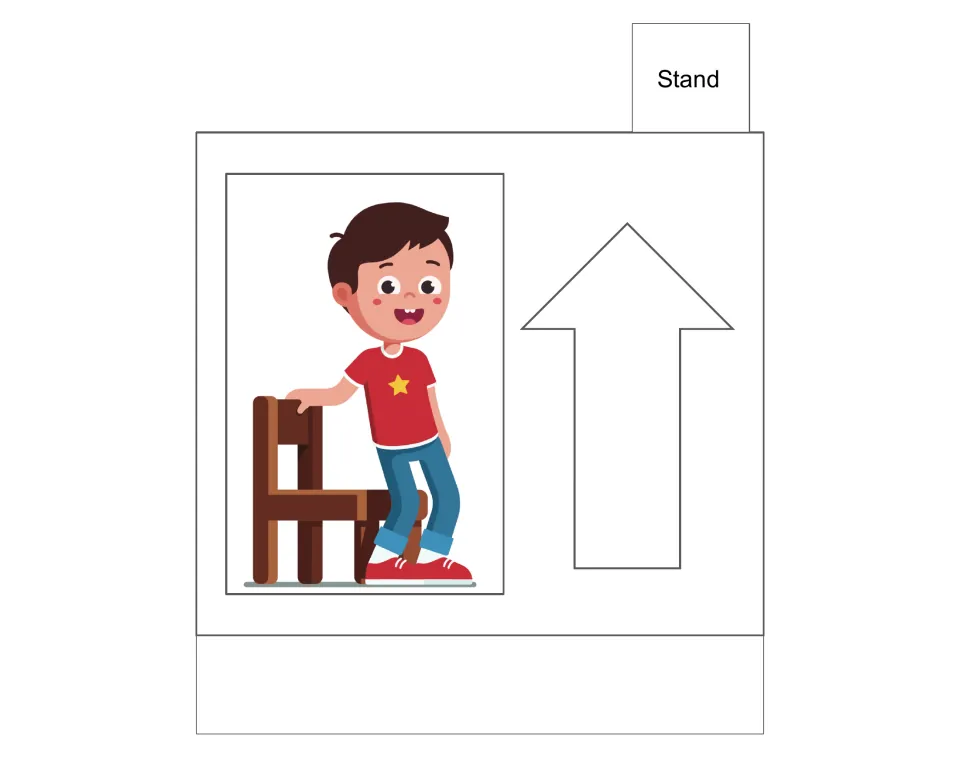 Stand visual prompt in the behavior flip book, showing a child rising from a chair beside an upward arrow