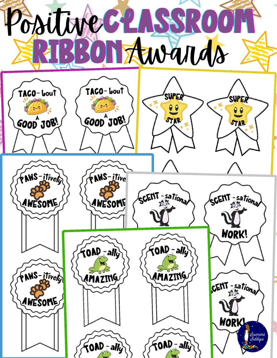 Positive Classroom Ribbon Awards cover: taco, super star, paw print, skunk and toad ribbons with pun praise sayings