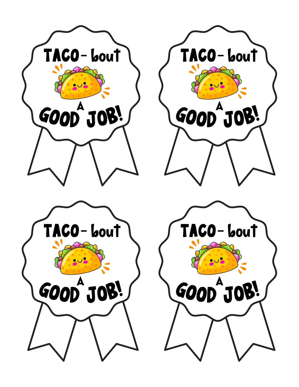 TACO-bout a GOOD JOB! ribbon award in black and white: four cut-out ribbons with a smiling taco for students to color
