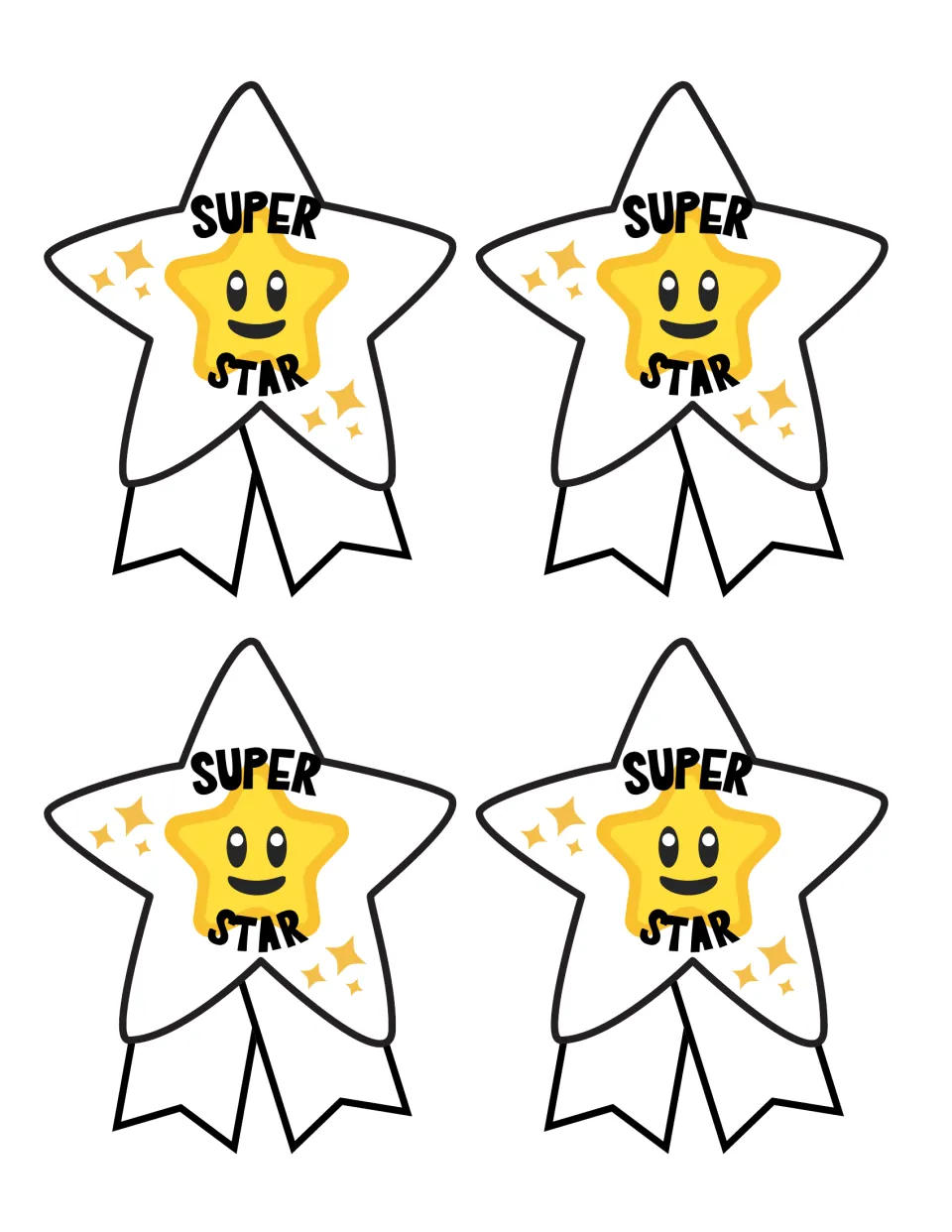 SUPER STAR award in black and white: four star-shaped ribbons with a smiling yellow star, ready to cut out and color