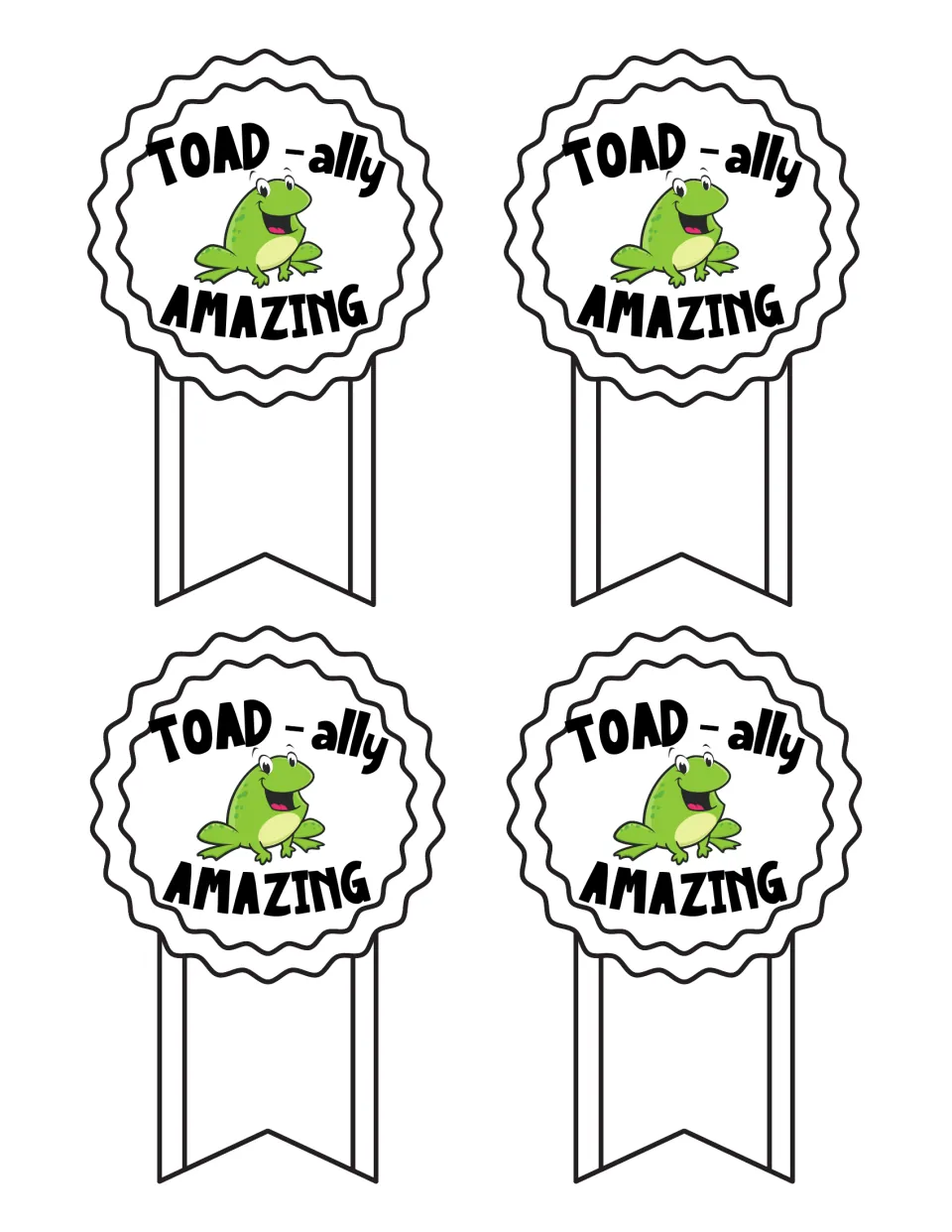 TOAD-ally AMAZING ribbon award in black and white: four cut-out ribbons with a grinning green frog to color in