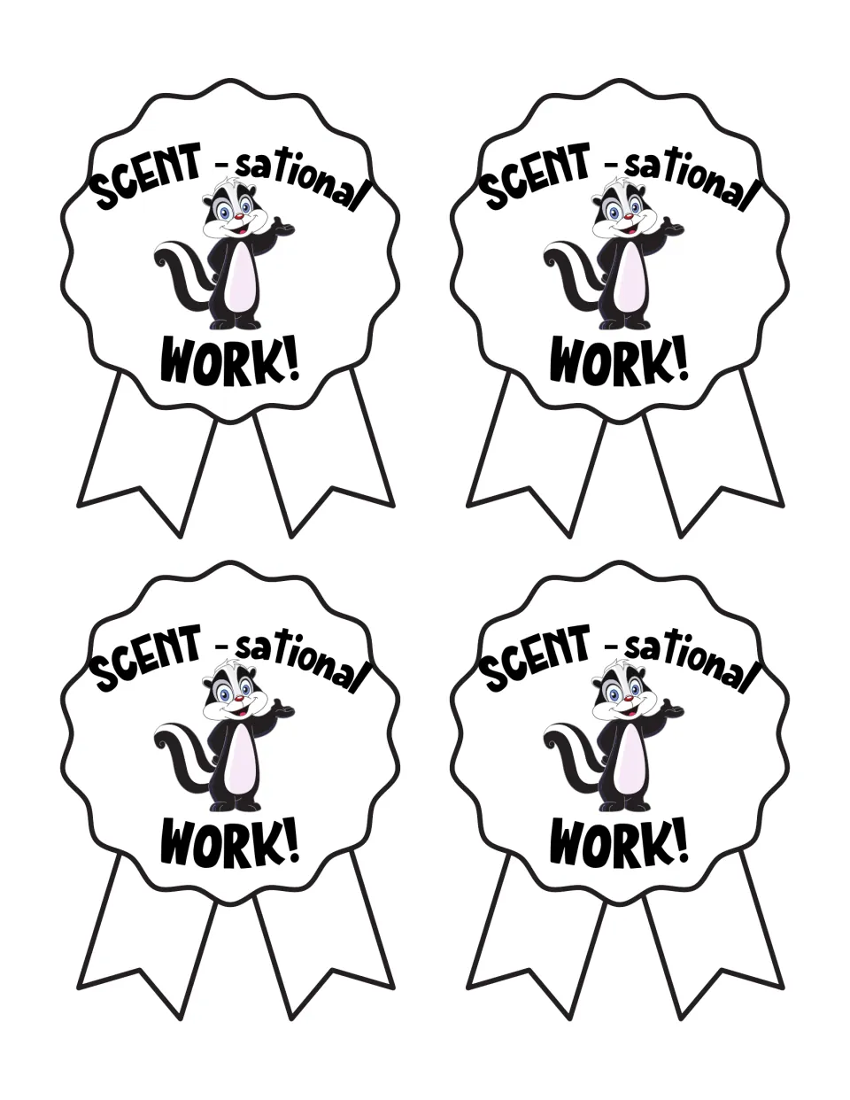 SCENT-sational WORK! ribbon award in black and white: four cut-out ribbons with a waving cartoon skunk to color