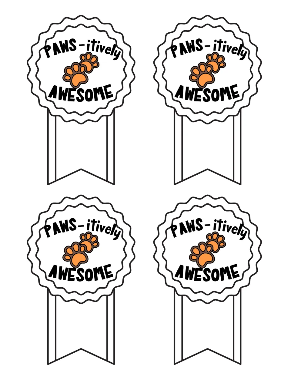 PAWS-itively AWESOME ribbon award in black and white: four cut-out ribbons with orange paw prints for students to color