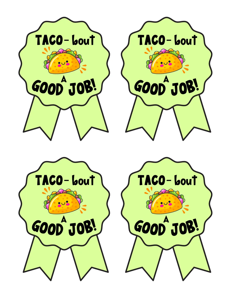 TACO-bout a GOOD JOB! ribbon award in full color: four light green ribbons with a smiling taco, ready to cut out