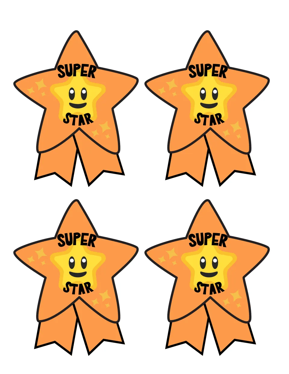 SUPER STAR award in full color: four orange star-shaped ribbons with a smiling yellow star in the center to cut out