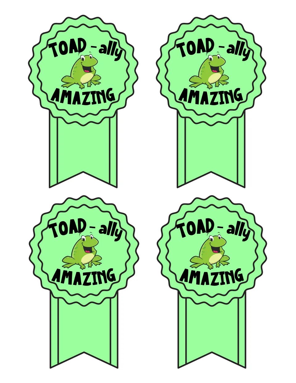 TOAD-ally AMAZING ribbon award in full color: four bright green ribbons with a grinning frog, ready to cut out