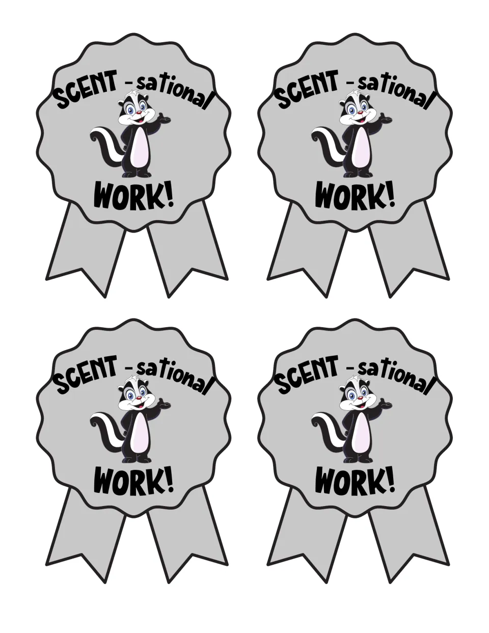 SCENT-sational WORK! ribbon award in full color: four gray ribbons with a waving cartoon skunk, ready to cut out