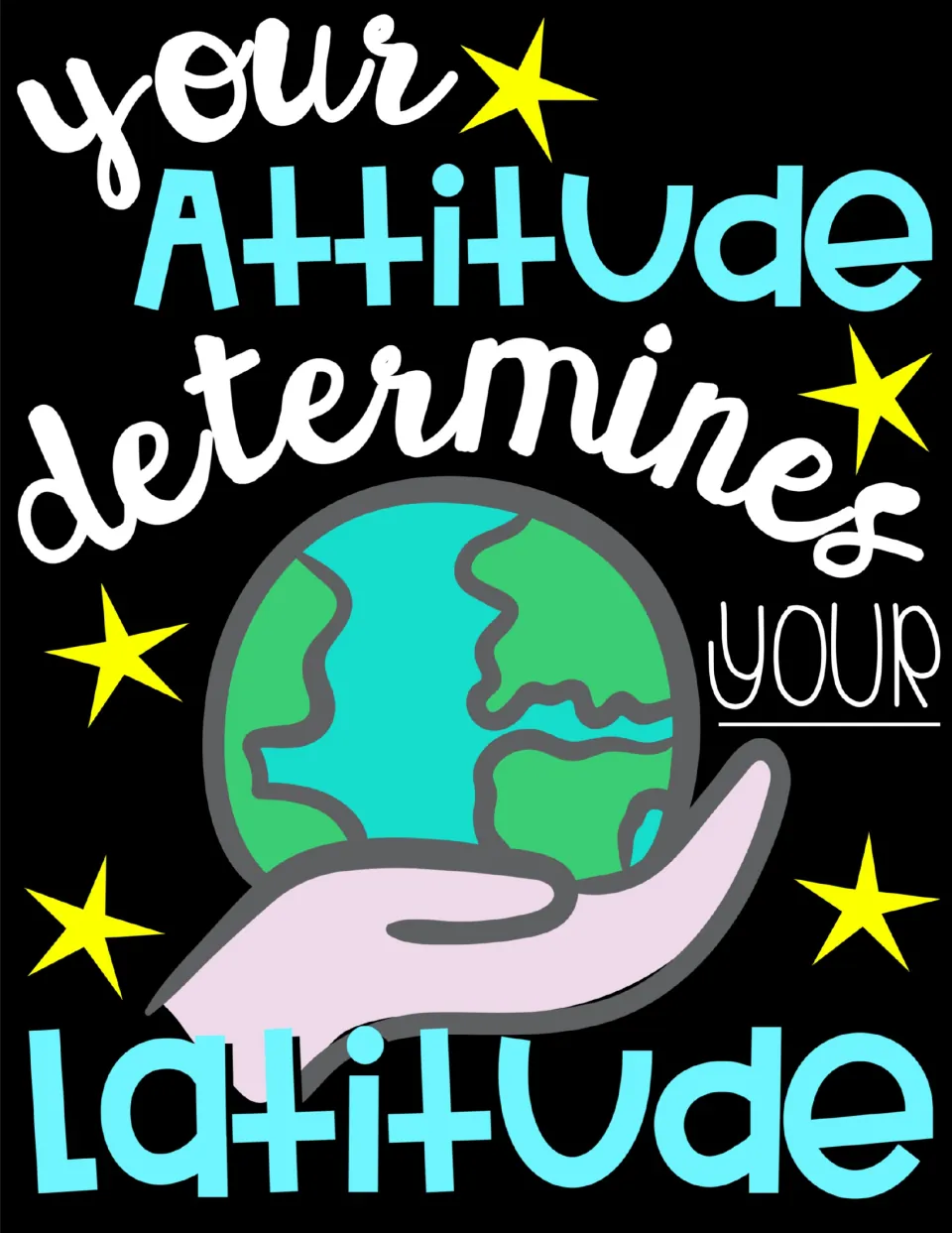 Poster reading 'your Attitude determines your Latitude' with a hand holding the Earth and yellow stars on black