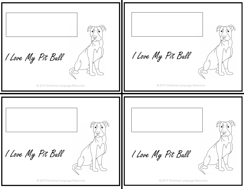 Four matching black-and-white student notes saying 'I Love My Pit Bull,' each featuring a dog outline.