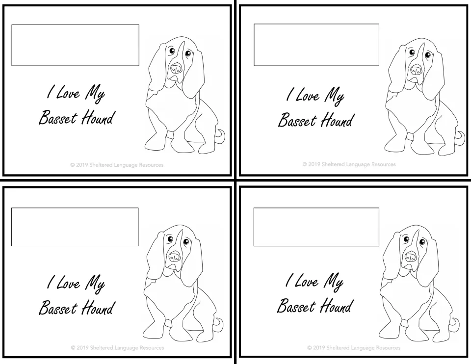 Four matching black-and-white student notes saying 'I Love My Basset Hound,' each featuring a dog outline.