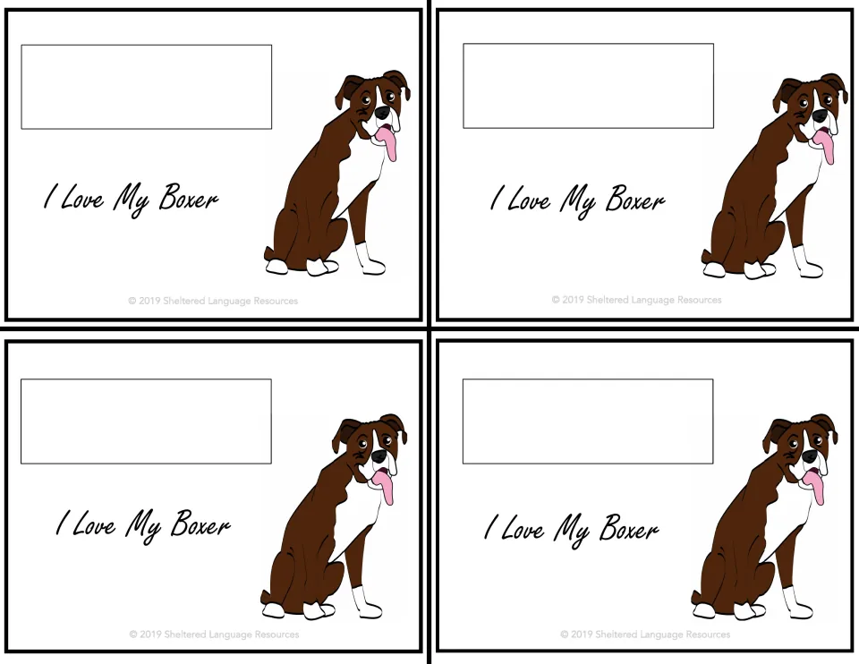 Four matching student notes saying 'I Love My Boxer,' each featuring a brown-and-white Boxer dog.