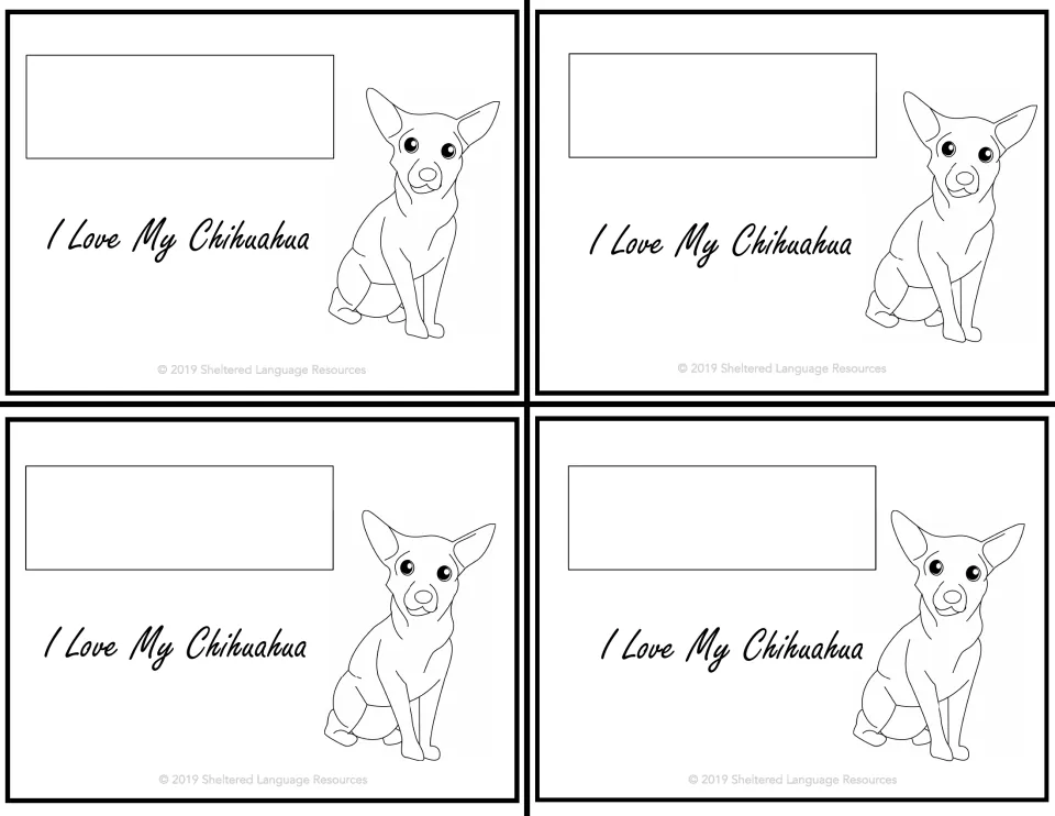 Four matching black-and-white student notes saying 'I Love My Chihuahua,' each featuring a dog outline.