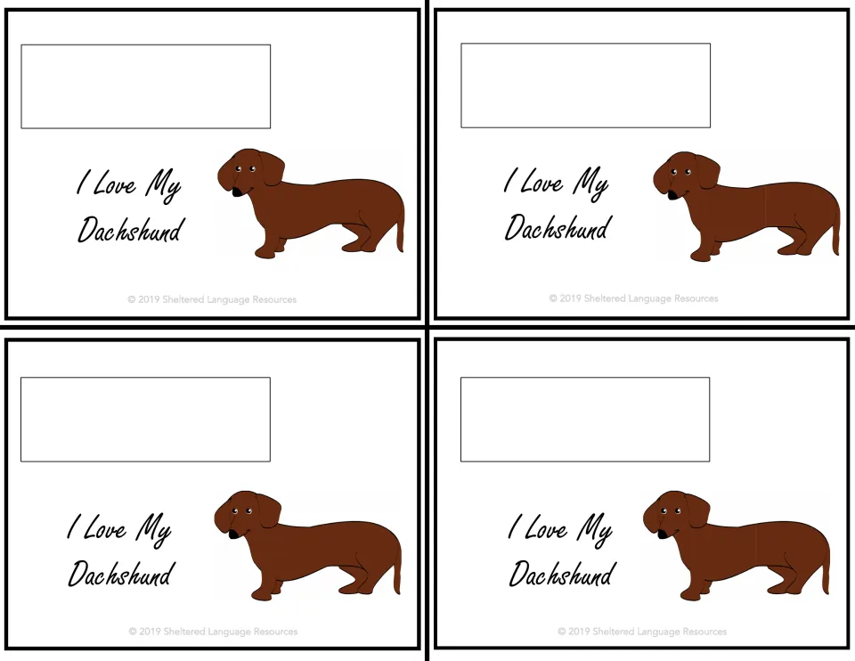 Four matching student notes saying 'I Love My Dachshund,' each featuring a brown Dachshund illustration.