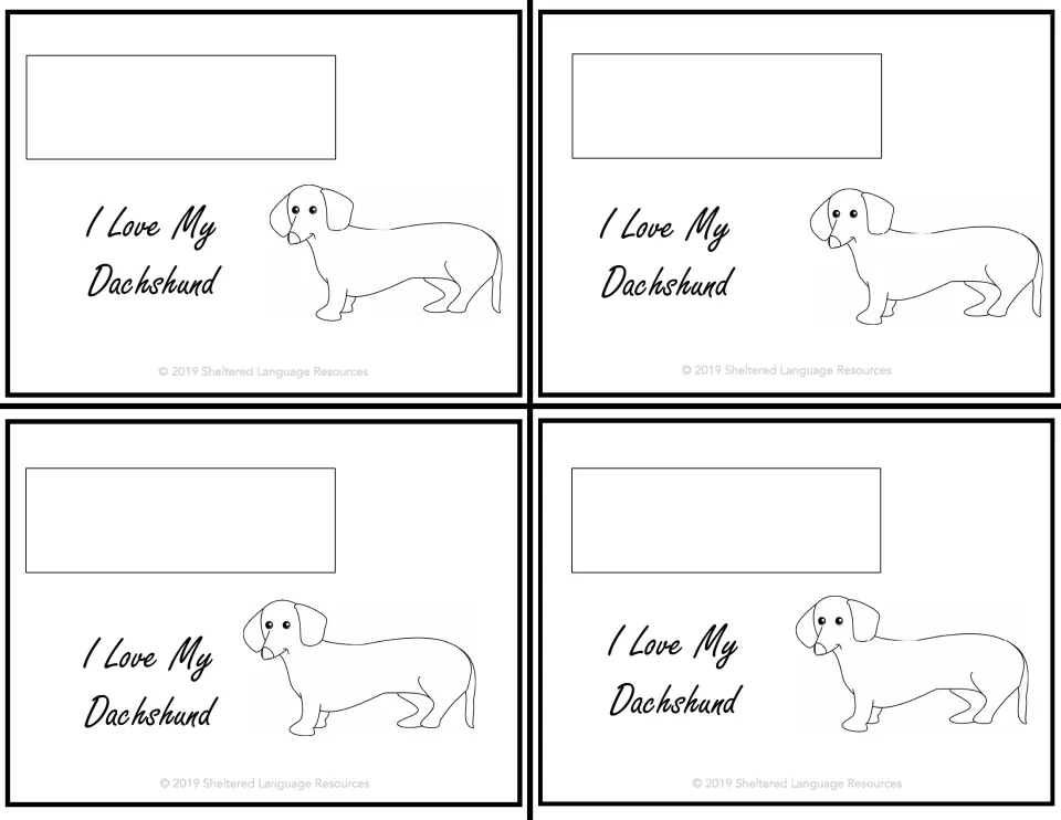 Four matching black-and-white student notes saying 'I Love My Dachshund,' each featuring a dog outline.