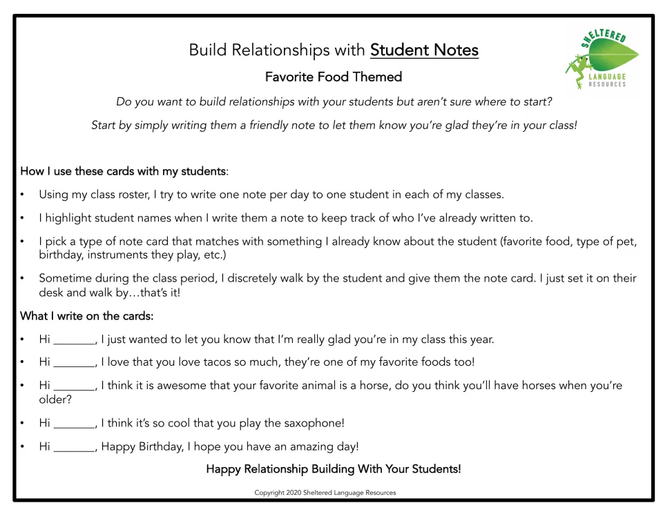 Teacher guide to student notes: using a class roster, matching cards to interests, and five sample messages to write