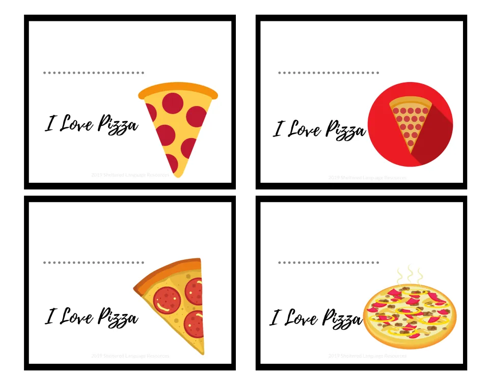 Four color I Love Pizza note cards, each with a dotted name line and pepperoni slice or whole pizza art
