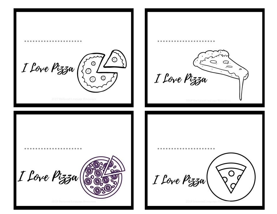Four black-and-white I Love Pizza note cards with a dotted name line and outline pizza drawings of slices and whole pies
